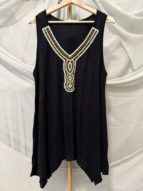 Sleeveless Black Tank with Embroidered V-Neck Detail